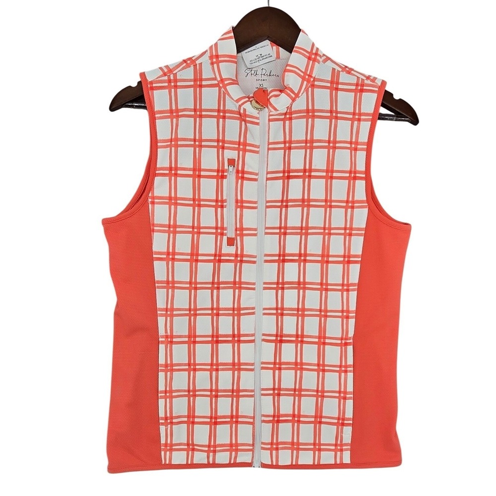Stella Parker Sport NWT Womens XS Coral White Windowpane Plaid Full Zip Golf Top